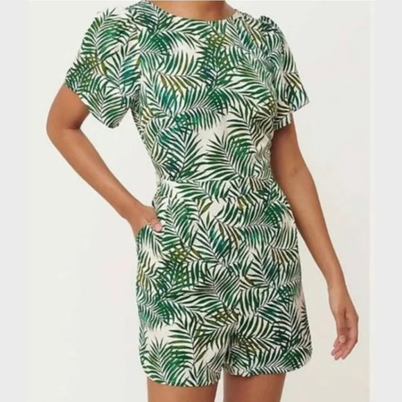 Loft Medium Green White Palm Linen-blend Tie-back Romper Pockets Tropical - Picture 2 of 15